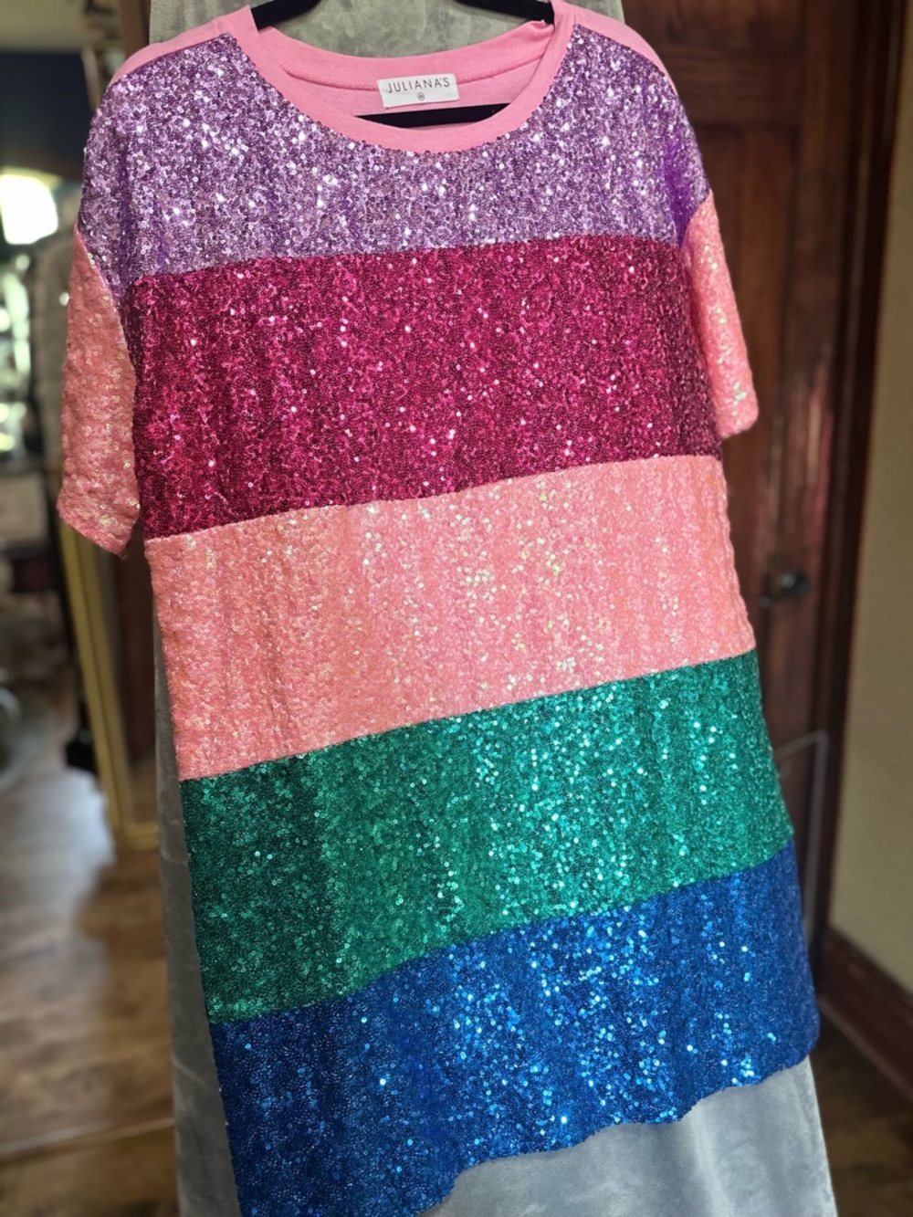 Juliana's Girls' Short Sleeve Sequin Stripe Dress - Pink, Purple, Green, Blue